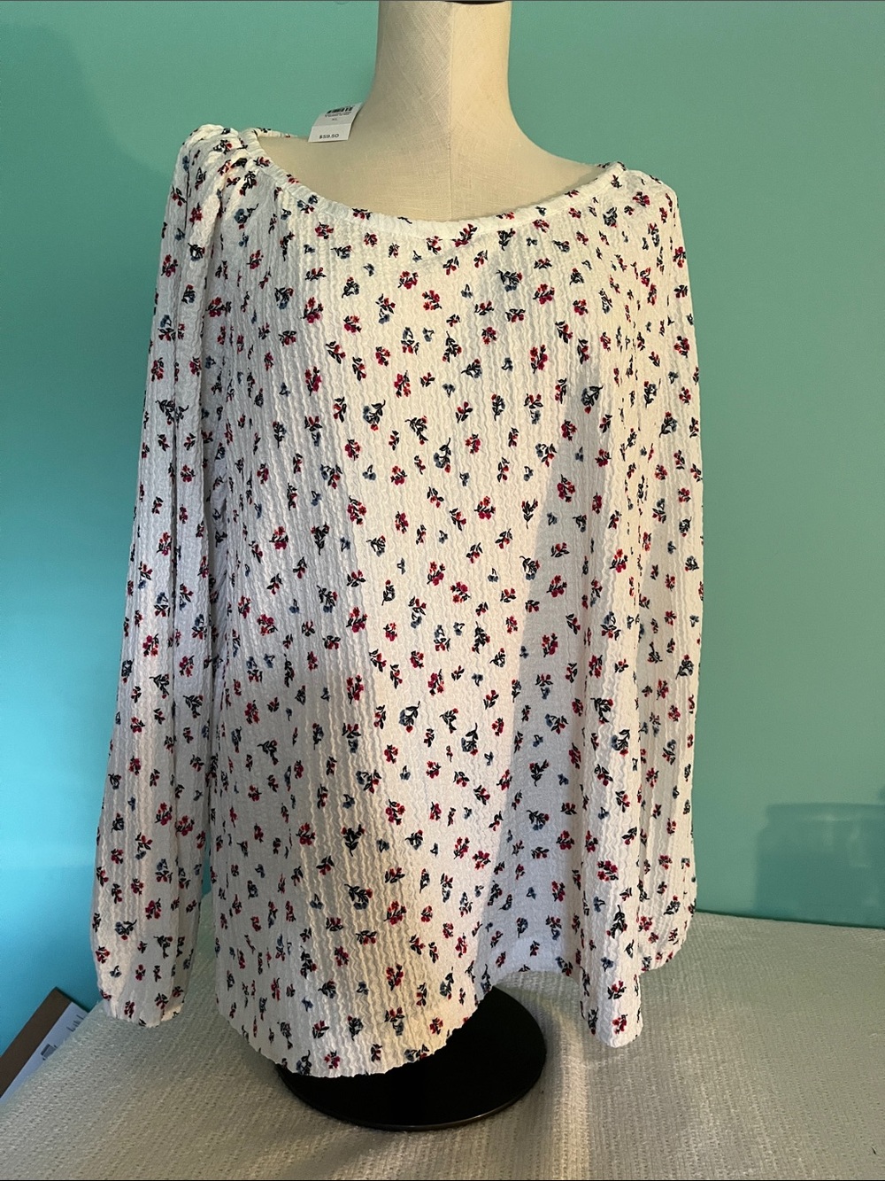 LOFT White Ribbed Long-Sleeve top with Red/blue Floral Print